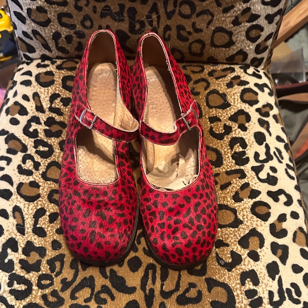 Vintage Red Leopard Print Cowhide Mary Jane Shoes Underground Shoes London